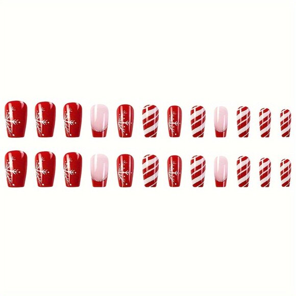 24Pcs Christmas Press on Nails Set - Short Ballet Fake Nails with Red & White - Picture 4 of 7